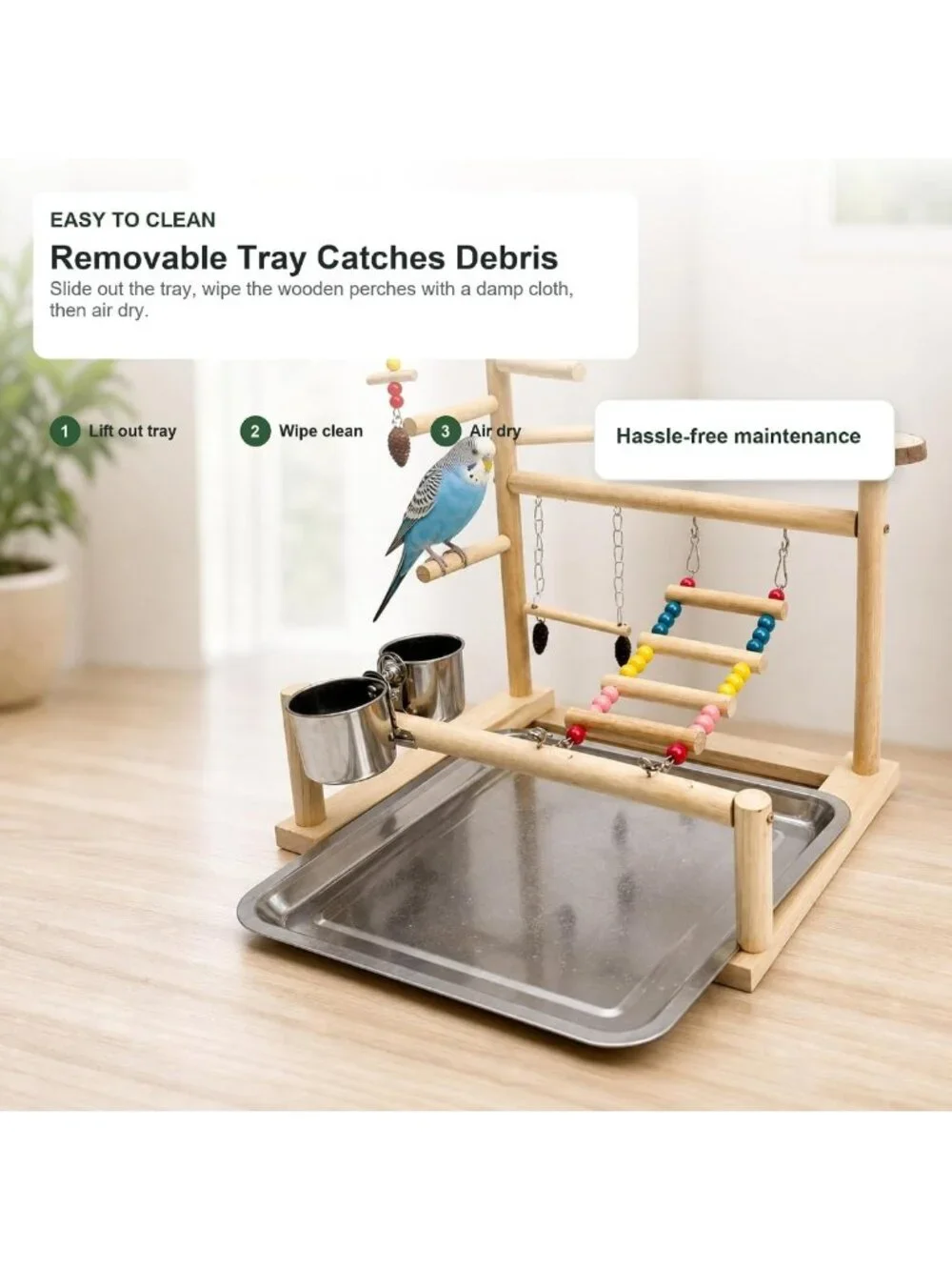Natural Wood Bird Playground Stand with Ladder, Swing, Food & Water Bowls for